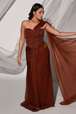 Front view with the sheer attached drape held out to show its copper sheen on the brown saree set by Kiyohra at Mrs. G