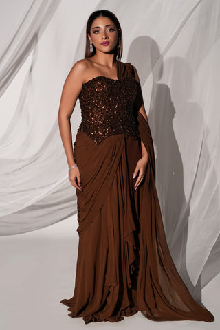 Full-length front view of the brown saree set with a copper sequin corset and trailing drape by Kiyohra at Mrs. G