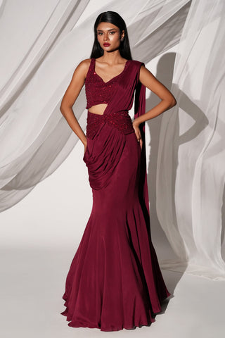Full-length front view of the maroon saree set with beaded V-neck blouse and fishtail hem by Kiyohra at Mrs. G