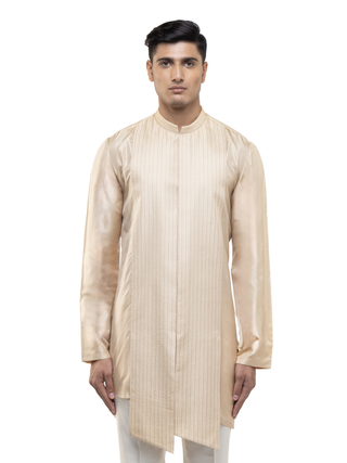 Beige asymmetric pleated kurta set