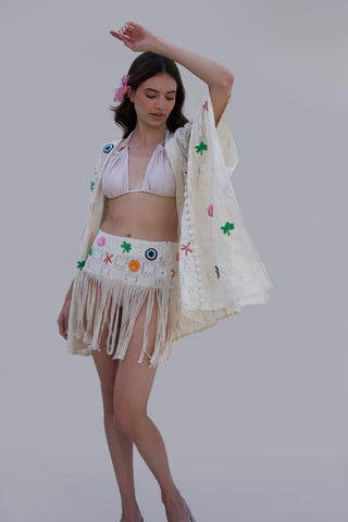 White bonnes vacances chella kimono with skirt