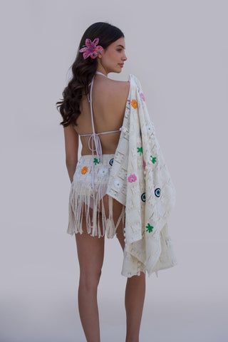 White bonnes vacances chella kimono with skirt