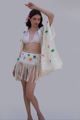 White bonnes vacances chella kimono with skirt