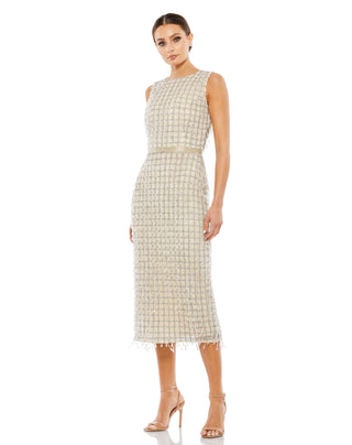 Full-length front view of the beige beaded fringe sheath midi dress with a high round neckline by Mac Duggal at Mrs. G