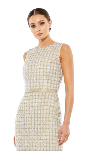 Waist-up view of the beige beaded fringe sleeveless sheath midi dress showing the high round neckline and beaded check pattern by Mac Duggal at Mrs. G