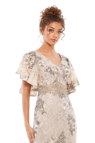 Waist-up view of the taupe bell-sleeve floral embellished gown showing the V-neckline, flared sleeves and embellished waist panel by Mac Duggal at Mrs. G