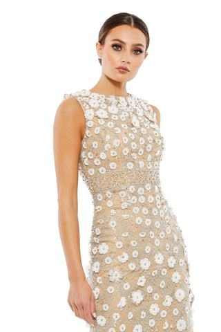 Waist-up view of the ivory beige floral applique sleeveless midi dress showing the 3D flower applique and high neckline by Mac Duggal at Mrs. G