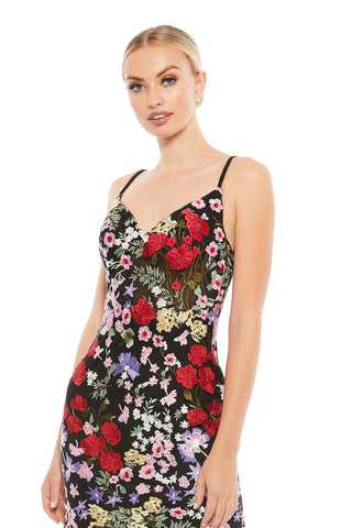 Waist-up view of the black multi floral embroidered gown showing the sweetheart neckline, beaded straps and red rose embroidery by Mac Duggal at Mrs. G