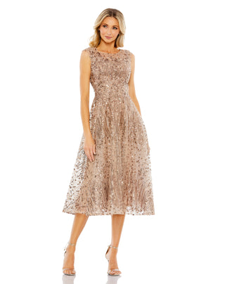 Full-length front view of the bronze sequin embroidered midi dress with cap sleeves and a flared skirt by Mac Duggal at Mrs. G