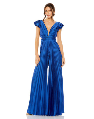 Full-length front view of the cobalt pleated jumpsuit with a plunging neckline and wide legs by Mac Duggal at Mrs. G