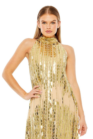 Waist-up view of the champagne gold sequin halter swing mini dress showing the gathered halter neck and rectangular sequins by Mac Duggal at Mrs. G