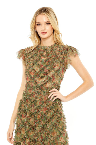 Waist-up view of the green multi high neck ruffle cap sleeve floral maxi dress showing the crisscross ruffle bodice and flutter sleeves by Mac Duggal at Mrs. G