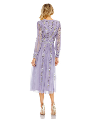 Back view of the lilac floral midi dress with embroidered back panels and sheer sleeves by Mac Duggal at Mrs. G
