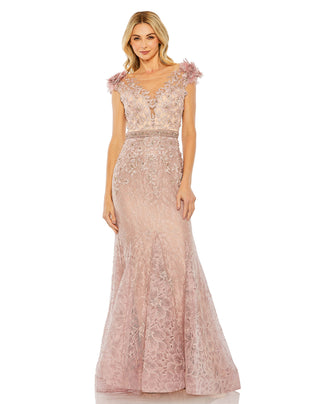 Full-length front view of the mocha embroidered lace trumpet gown with cap sleeves and 3D flowers by Mac Duggal at Mrs. G