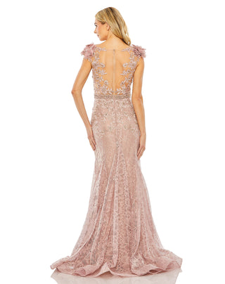 Back view of the mocha lace trumpet gown with a sheer illusion back and sweeping hem by Mac Duggal at Mrs. G