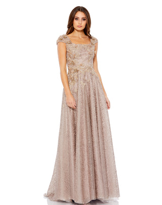 Full-length front view of the mocha lace A-line gown with a square neckline and embellished cap sleeves by Mac Duggal at Mrs. G