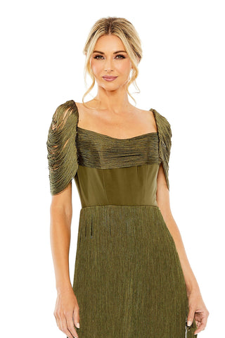 Waist-up view of the olive tiered fringe cap sleeve midi dress showing the sweetheart neckline and draped fringe cap sleeves by Mac Duggal at Mrs. G