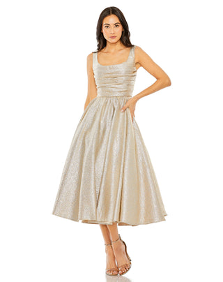 Full-length front view of the oyster metallic brocade midi dress with a square neckline and full skirt by Mac Duggal at Mrs. G