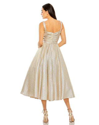 Back view of the oyster metallic midi dress with a scoop back and concealed zipper by Mac Duggal at Mrs. G