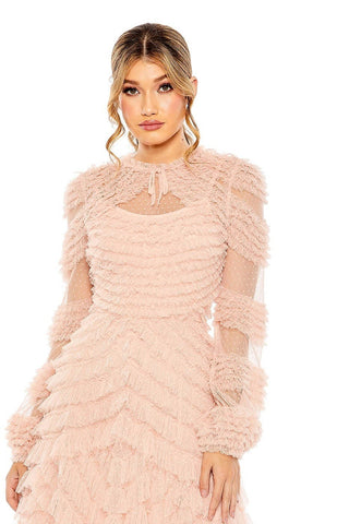 Waist-up view of the porcelain high neck long illusion sleeve ruffle frill maxi dress showing the neckline tie and tiered ruffle bodice by Mac Duggal at Mrs. G