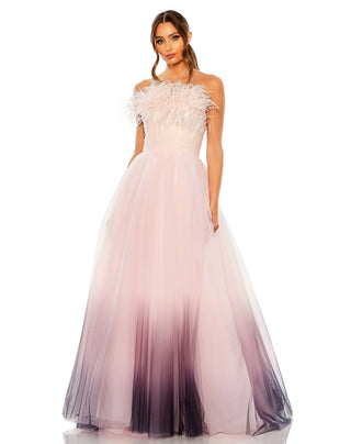 Full-length front view of the pink ombre strapless ball gown with a feather neckline and full tulle skirt by Mac Duggal at Mrs. G