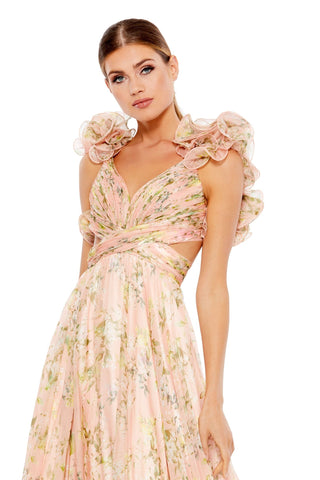 Waist-up view of the pink multi ruffle tiered floral cut out chiffon gown showing the ruffle rosette shoulders and crossed bodice by Mac Duggal at Mrs. G