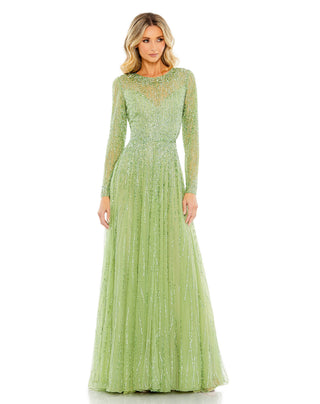 Full-length front view of the sage sequin beaded gown with an illusion neckline and sheer long sleeves by Mac Duggal at Mrs. G