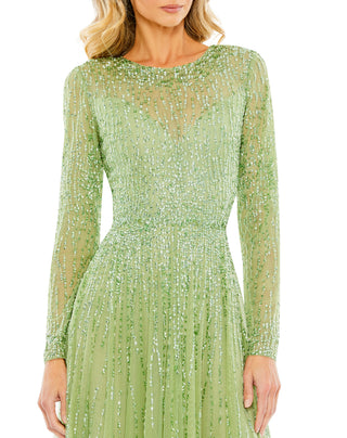 Zoomed-in close-up of the vertical sequin and bead lines, illusion yoke and beaded cuff in sage by Mac Duggal at Mrs. G