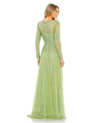 Back view of the sage beaded A-line gown showing the sheer yoke, zipper and floor-length skirt by Mac Duggal at Mrs. G