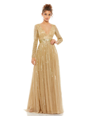 Full-length front view of the taupe sequined gown with a plunging neckline, long sleeves and a sequined belt by Mac Duggal at Mrs. G