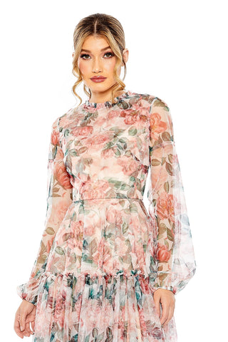 Waist-up view of the white multi floral chiffon balloon sleeve midi dress showing the ruffled high neck and sheer balloon sleeves by Mac Duggal at Mrs. G