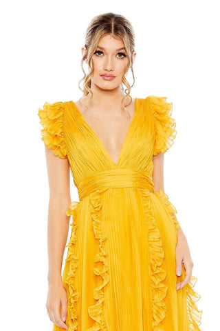 Waist-up view of the marigold pleated ruffle cap sleeve A line gown showing the deep V neckline and ruffled shoulders by Mac Duggal at Mrs. G
