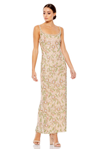 Full-length front view of the beige hand-beaded floral dress with a scoop neckline by Mac Duggal at Mrs. G