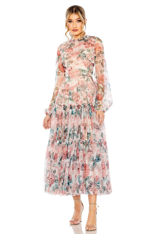 Full-length front view of the white multi floral chiffon midi dress with balloon sleeves and tiered skirt by Mac Duggal at Mrs. G