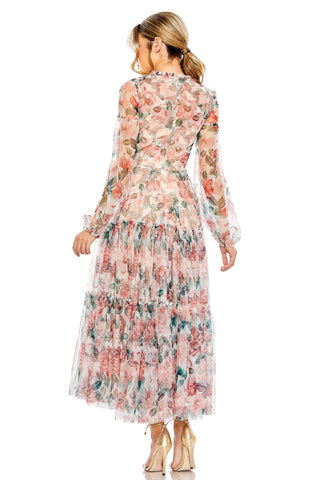 Back view of the white multi floral midi dress showing the back zipper and tiered skirt by Mac Duggal at Mrs. G
