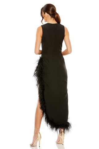 Back view of the black feather midi dress showing the center back zip and asymmetrical hem by Mac Duggal at Mrs. G