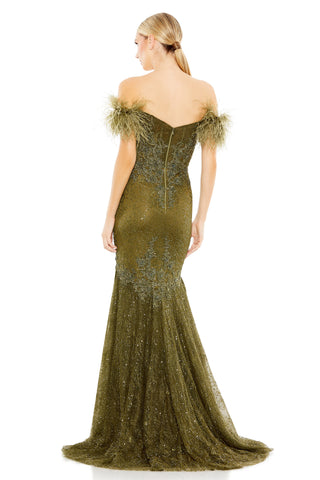 Back view of the olive lace trumpet gown showing the center back zip and sweeping train by Mac Duggal at Mrs. G