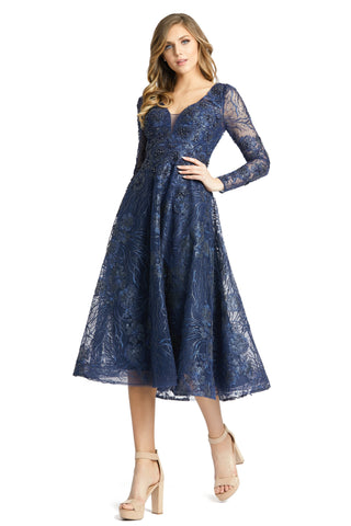 Full-length front view of the midnight blue long sleeve midi dress with plunging V-neck by Mac Duggal at Mrs. G