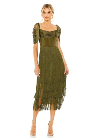 Full-length front view of the olive tiered fringe midi dress with draped fringe cap sleeves by Mac Duggal at Mrs. G