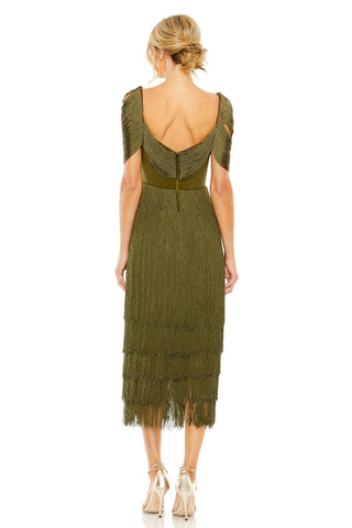 Back view of the olive fringe midi dress showing the scooped open back and tiered skirt by Mac Duggal at Mrs. G