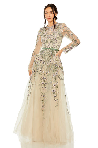 Full-length front view of the sage multi tulle gown with floral embroidery and a satin belt by Mac Duggal at Mrs. G