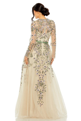 Back view of the sage multi embroidered gown showing flowers cascading down the tulle skirt by Mac Duggal at Mrs. G