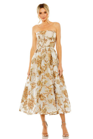 Full-length front view of the strapless floral brocade midi dress with pleated full skirt by Mac Duggal at Mrs. G