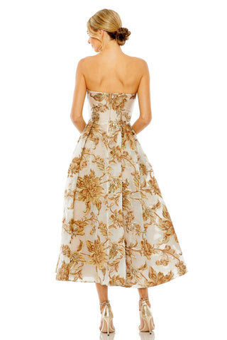 Back view of the strapless brocade midi dress showing the back zipper and mid-calf hem by Mac Duggal at Mrs. G