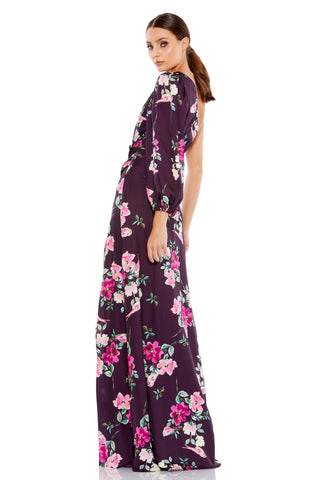 Back three-quarter view of the plum floral gown with the balloon sleeve and long skirt by Mac Duggal at Mrs. G