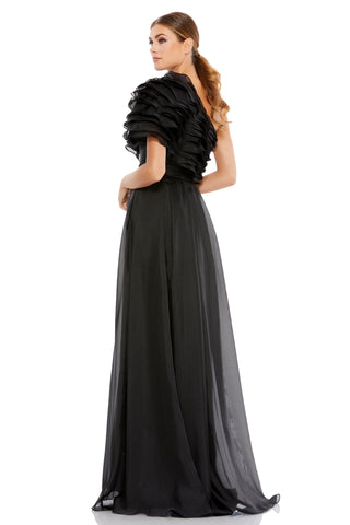 Three-quarter back view of the black ruffle gown showing the ruffled sleeve and layered skirt by Mac Duggal at Mrs. G