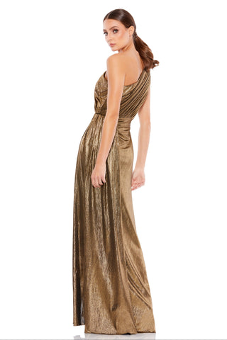 Back three-quarter view of the gold metallic gown with the one-shoulder bodice and long skirt by Mac Duggal at Mrs. G