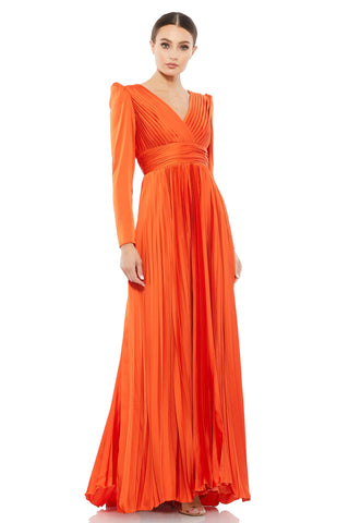 Full-length front view of the sunset pleated gown with a faux wrap V-neck and long sleeves by Mac Duggal at Mrs. G