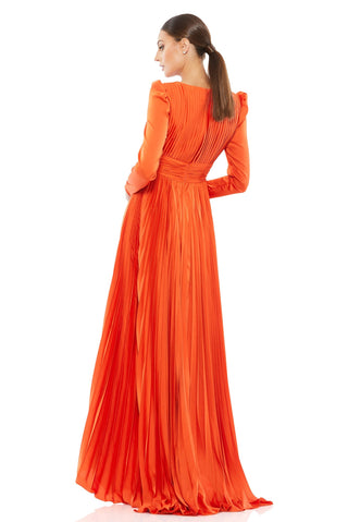 Back three-quarter view of the sunset satin gown showing the ruched waistband and sweeping hem by Mac Duggal at Mrs. G