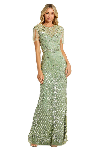 Full-length front view of the sage green beaded fringe gown with a sequin lattice skirt by Mac Duggal at Mrs. G